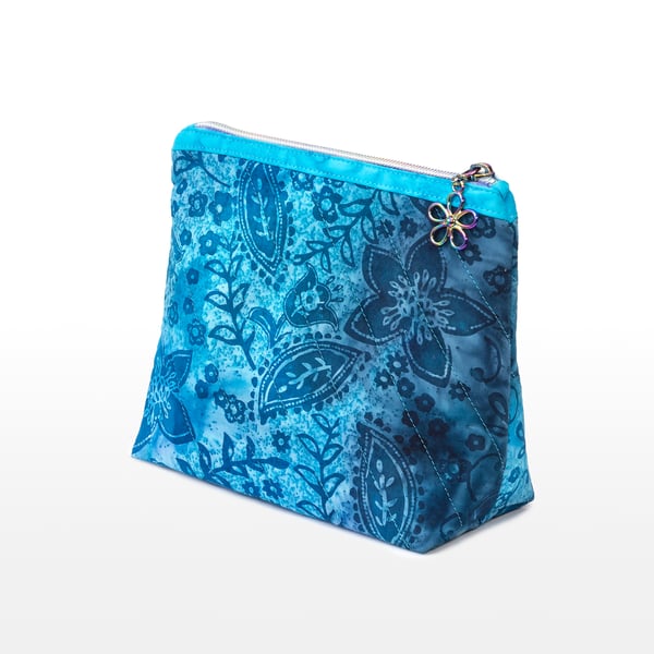 Brilliant Blue and Aqua Batik Makeup or Toiletries Bag