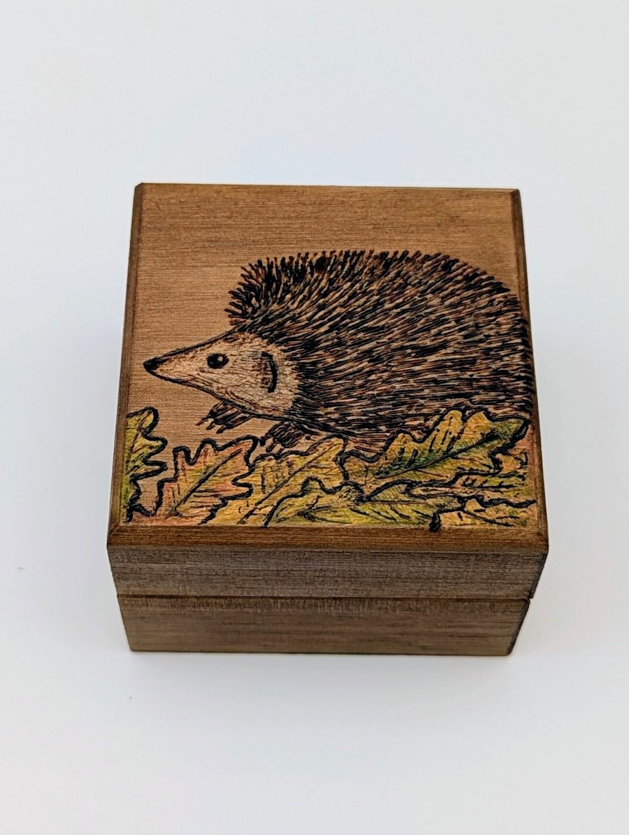 Small wooden box,  pyrography hedgehog, ring or trinket box for a nature lover