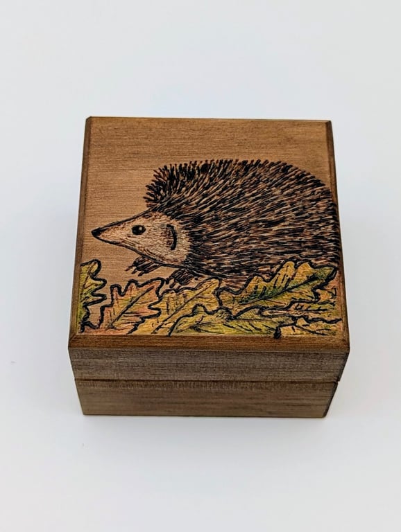 Small wooden box,  pyrography hedgehog, ring or trinket box for a nature lover