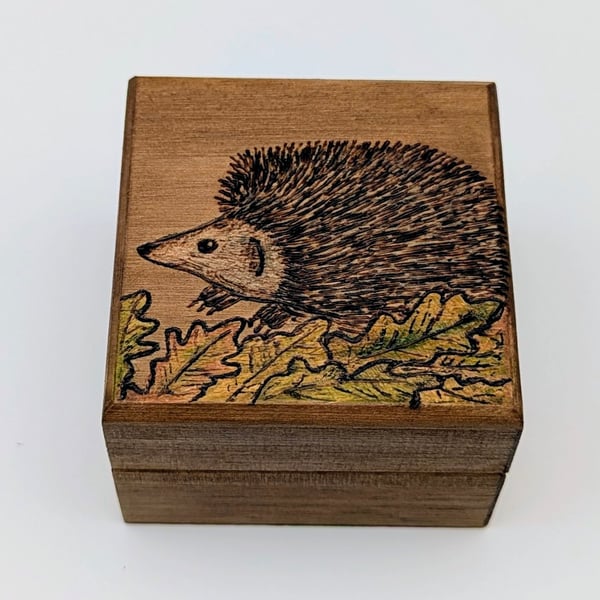 Small wooden box,  pyrography hedgehog, ring or trinket box for a nature lover