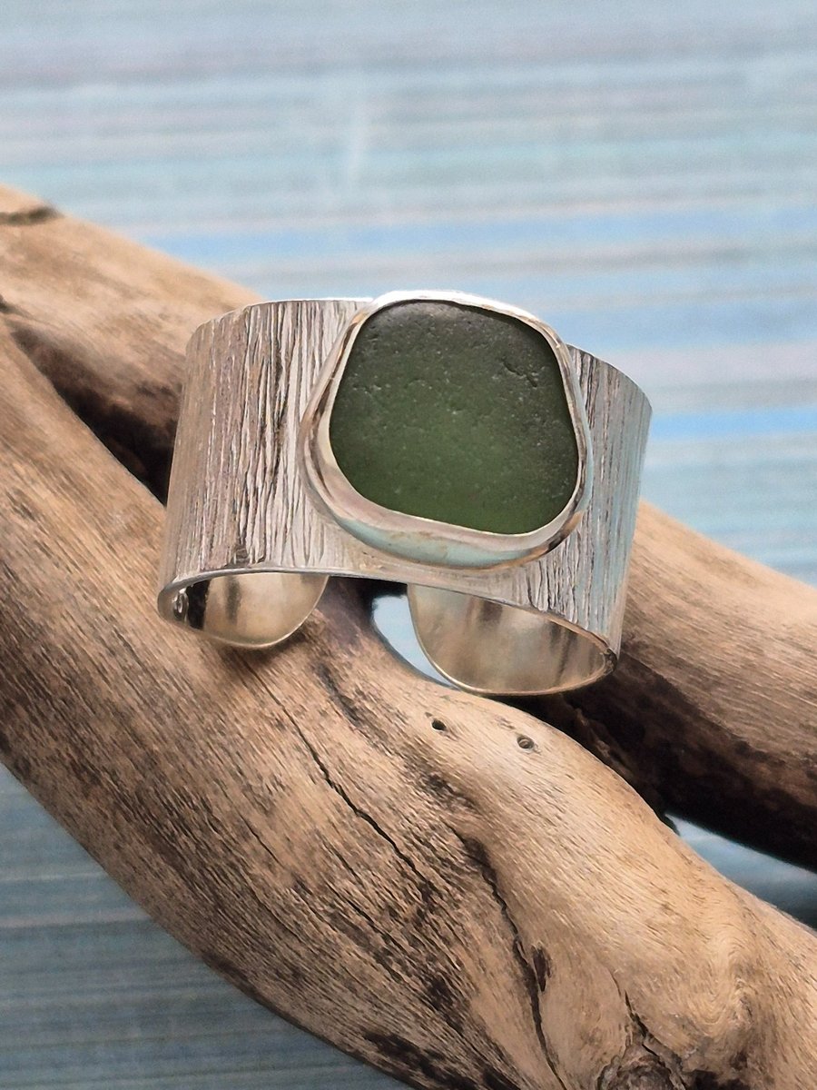 Olive Seaham Seaglass Textured Adjustable Wide Sterling Silver 925 Ring 