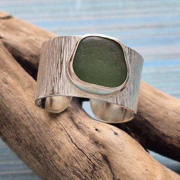 Olive Seaham Seaglass Textured Adjustable Wide Sterling Silver 925 Ring 