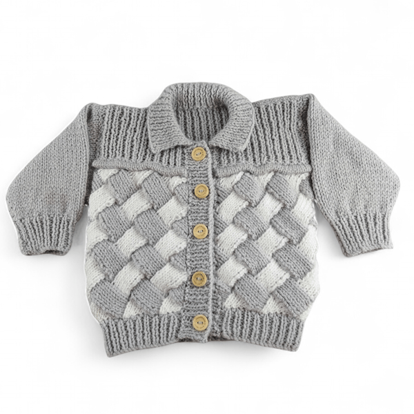 Baby Hand Knitted Cardigan Grey White, Woven Effect Knitted Jacket