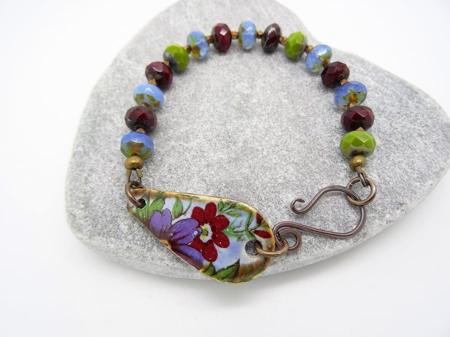 Ceramic Bracelet, Floral Bracelet, Burgundy bracelet, Blue bracelet, 