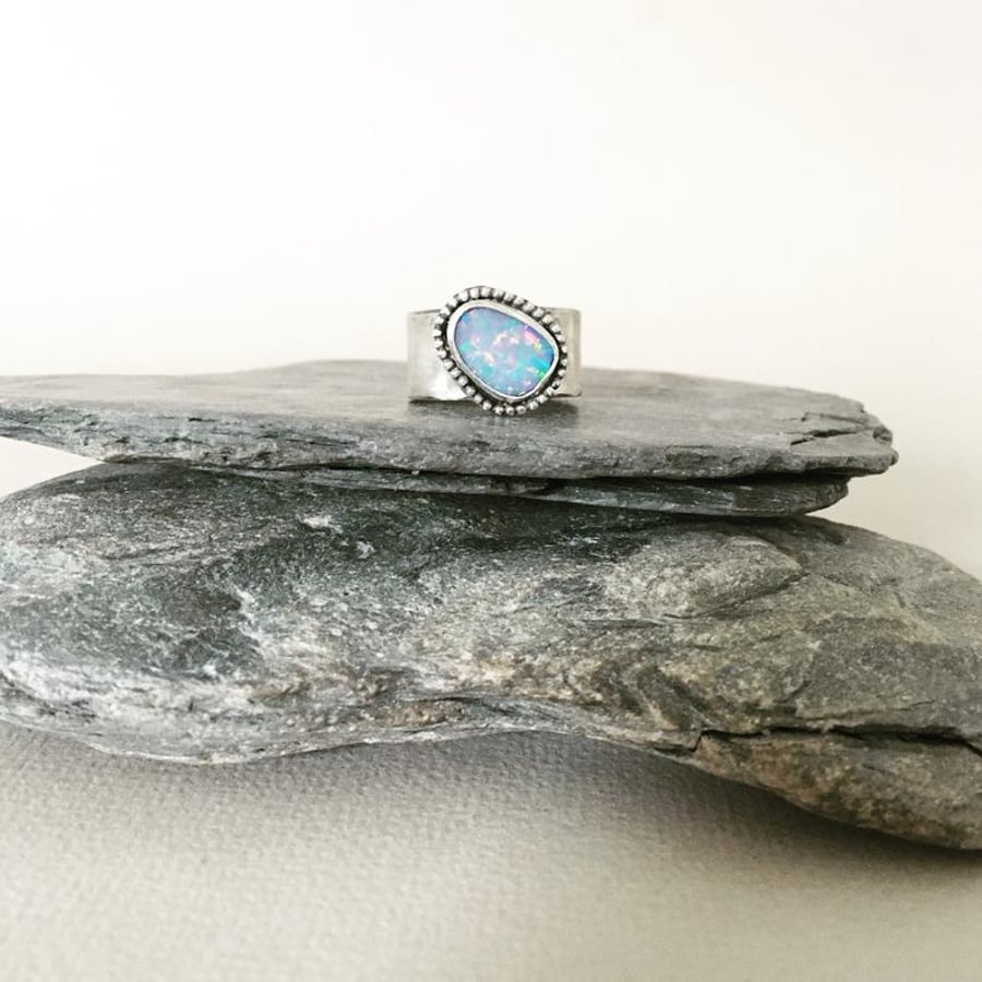 Opal Ring - Wide Band Ring - Australian Opal Doublet Ring