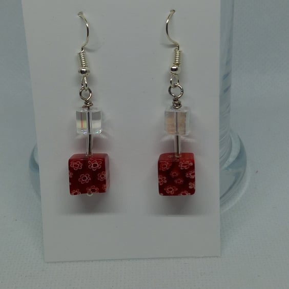 Red Millefiori Cube Earrings