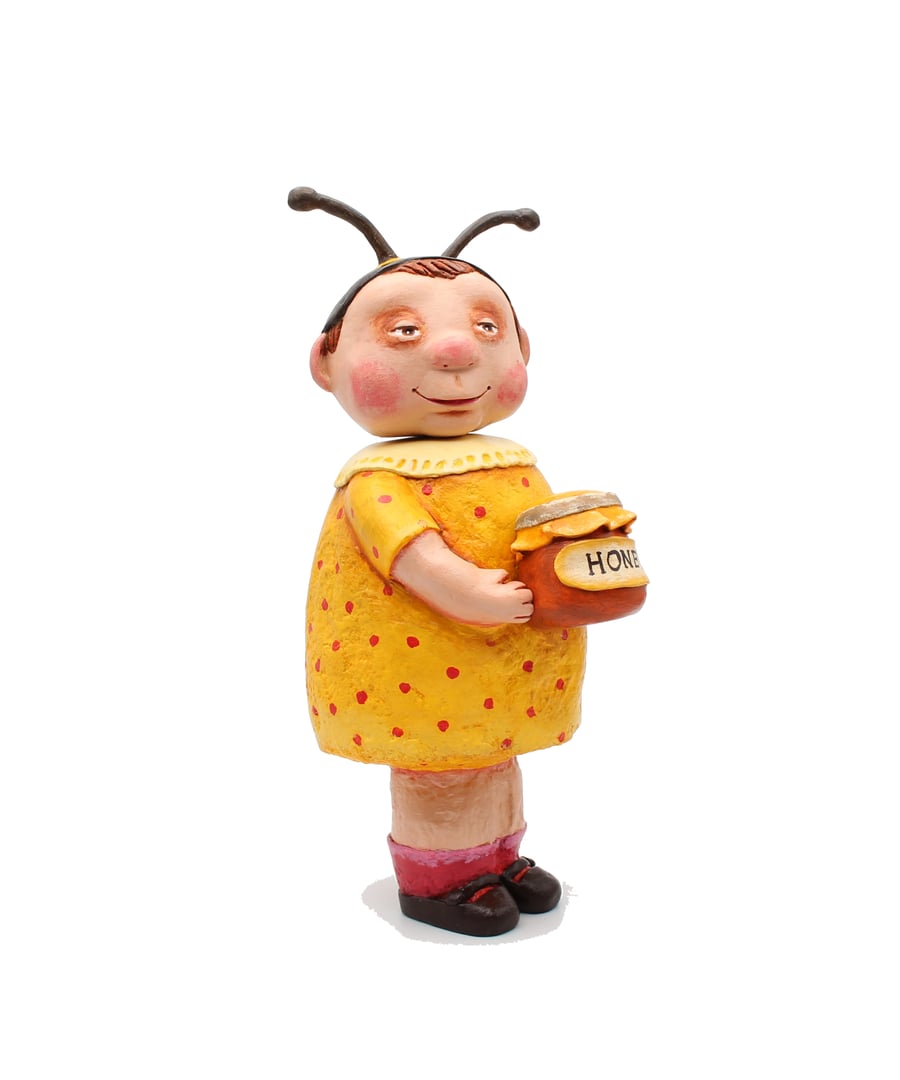 Honey the Bee Girl – Whimsical Handmade Art Doll (Paper Clay OOAK)