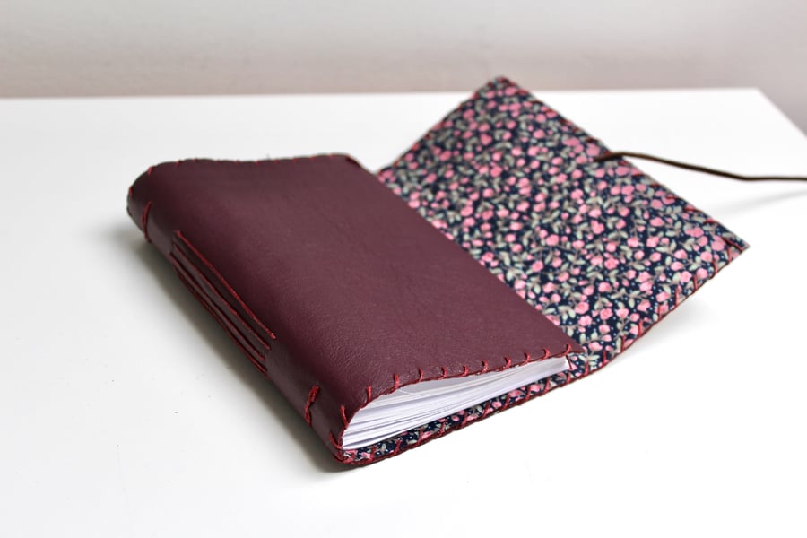 A6 Handmade Purple  Leather notebook with floral fabric lining 