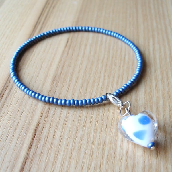 Blue Heart Seed Bead Charm Bracelet