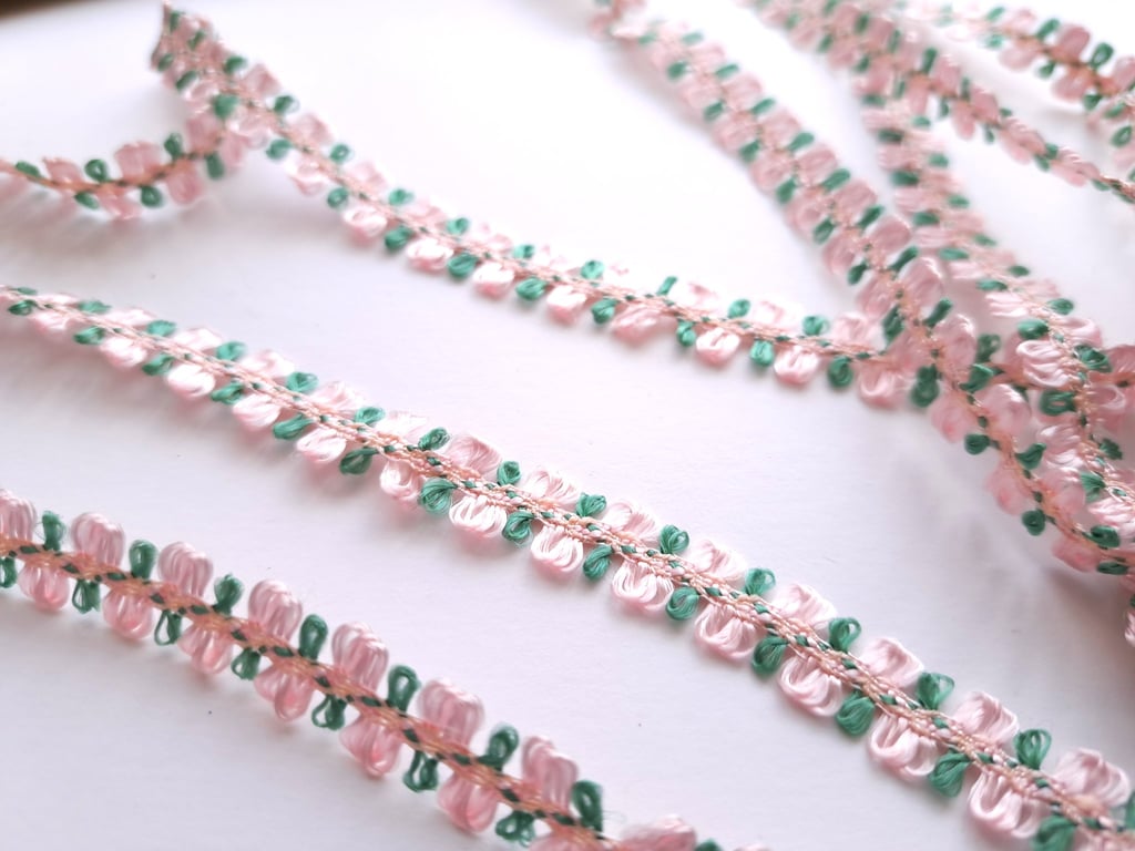 Pink and green decorative ribbon trim braid, ribbon, 3 metres, 10mm wide