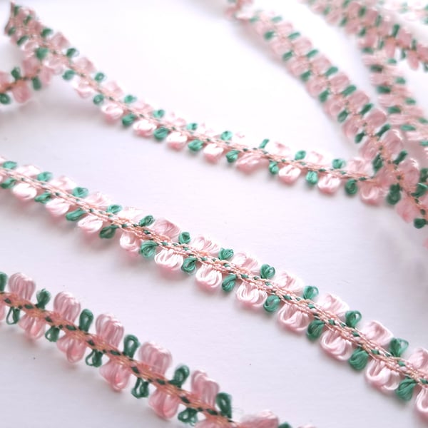 Pink and green decorative ribbon trim braid, ribbon, 3 metres, 10mm wide