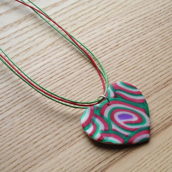 Red and Green Swirl Heart FIMO Polymer Clay Pendant