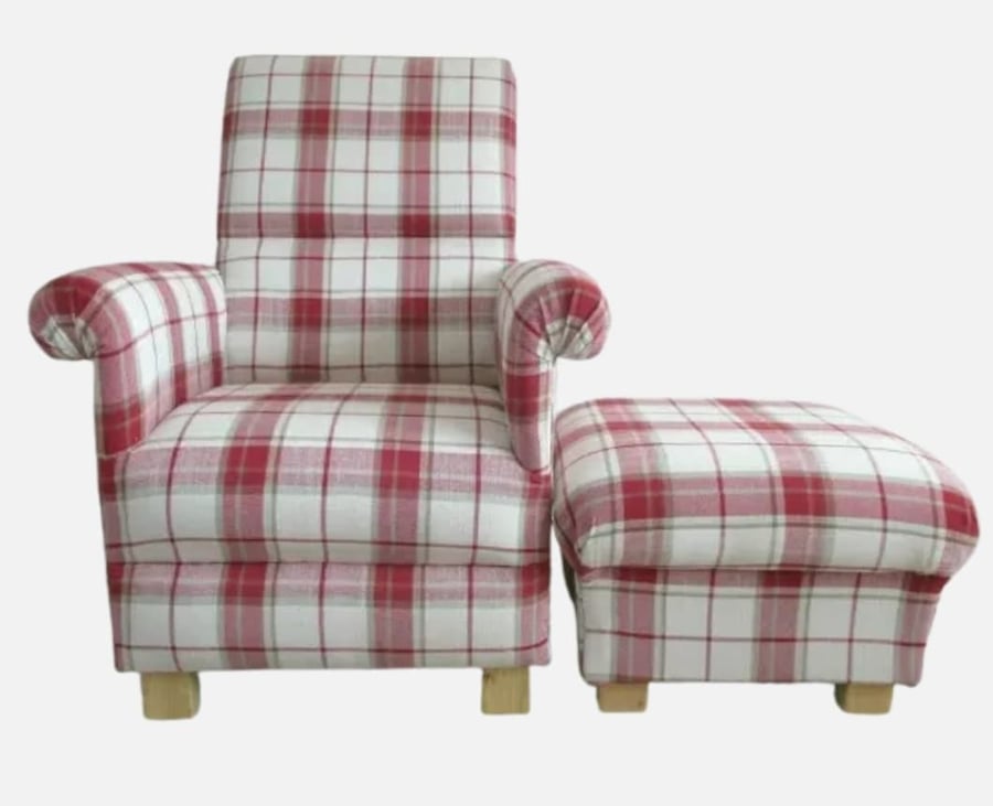 Laura Ashley Chair Footstool Adult Armchair Highland Check Cranberry Red Tartan