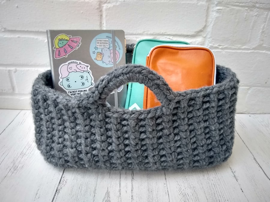Grey Crocheted Basket, large storage basket