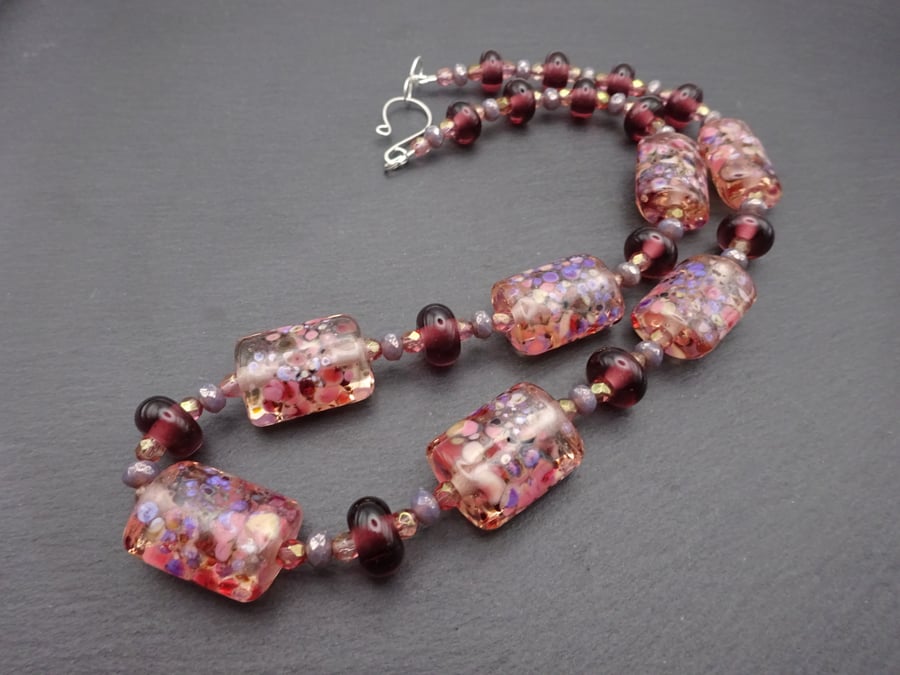 lampwork glass artisan necklace, pink and purple