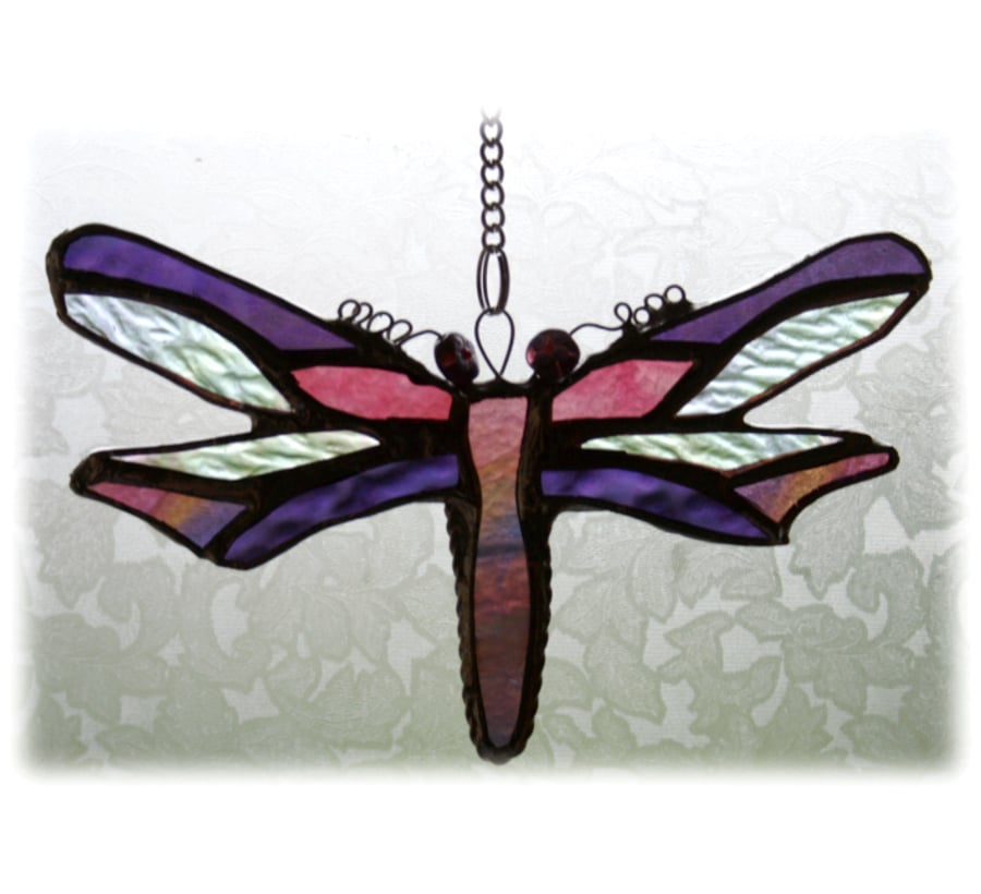 SOLD Dragonfly Suncatcher Pink Purple Handmade Stained Glass 035