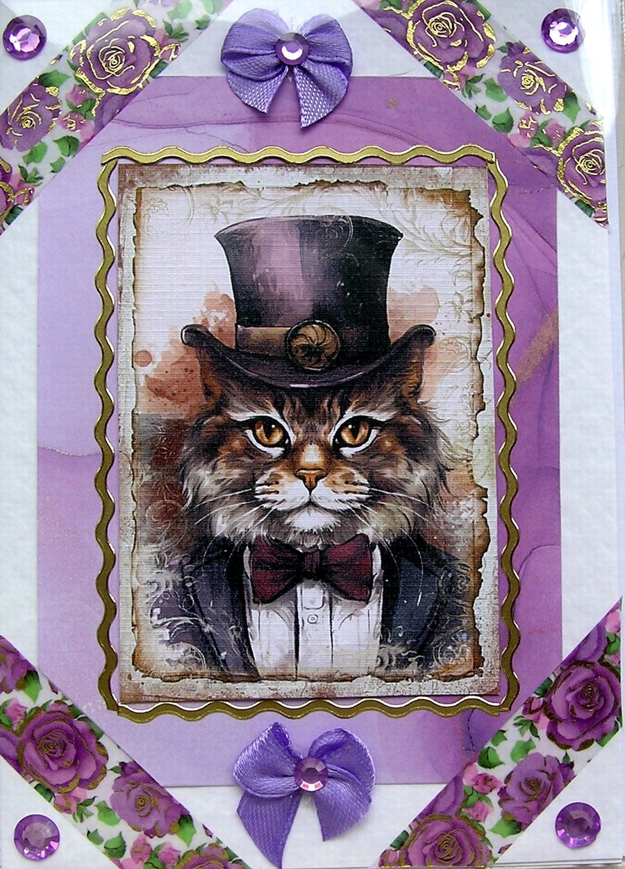 Gentleman Cat - Hand Crafted Decoupage Greeting Card - Blank - 2670