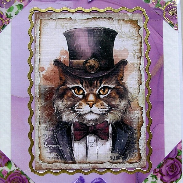 Gentleman Cat - Hand Crafted Decoupage Greeting Card - Blank - 2670