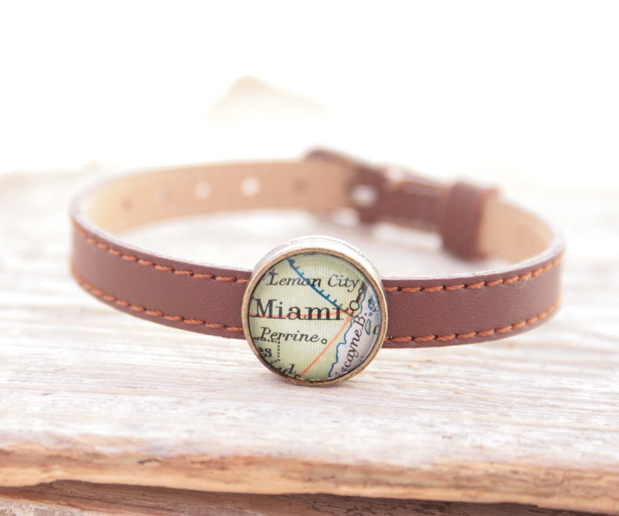 Personalized Brown Leather Bracelet with Map Slider Bead