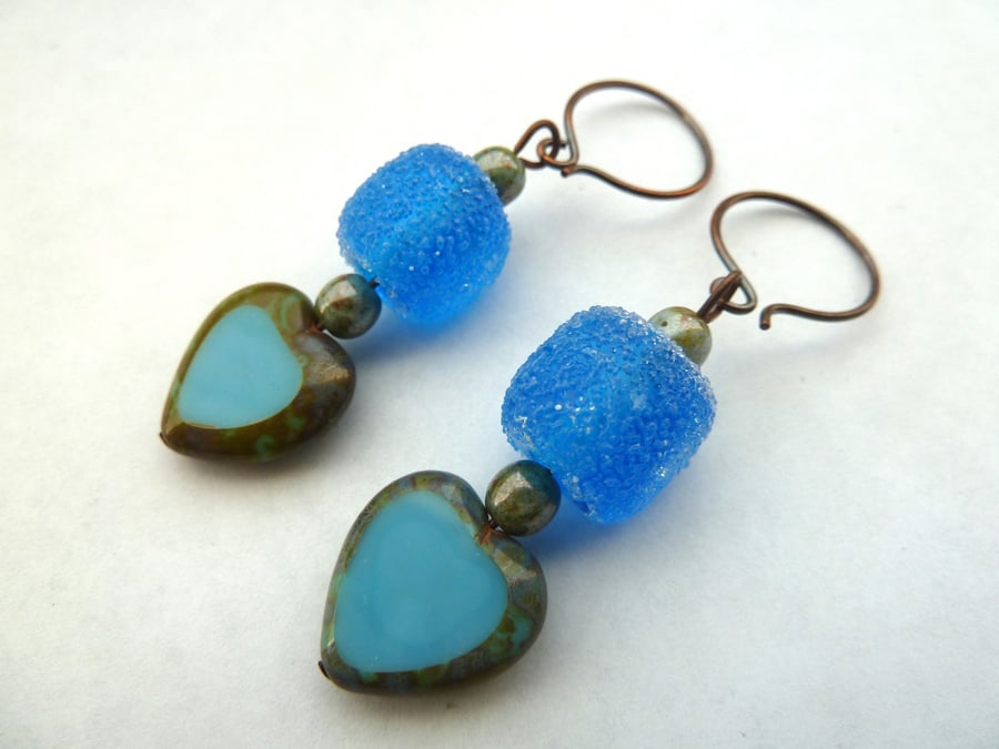 SALE blue heart copper earrings