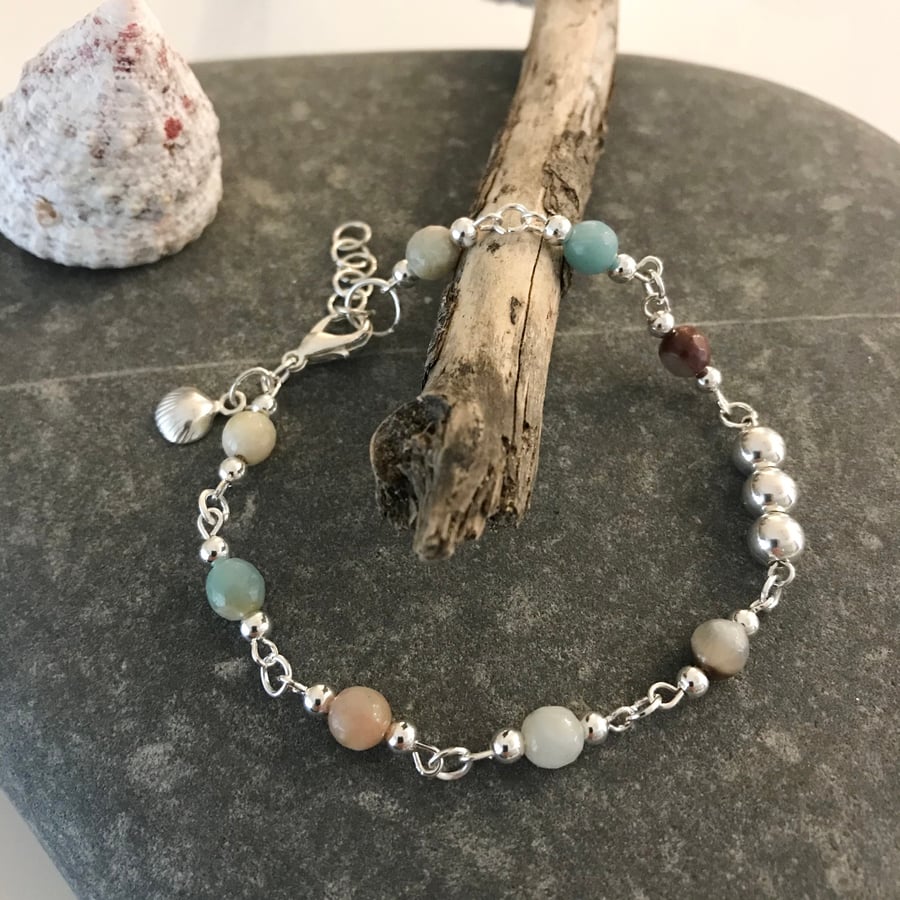 Multicoloured Amazonite gemstone bead bracelet with sterling silver