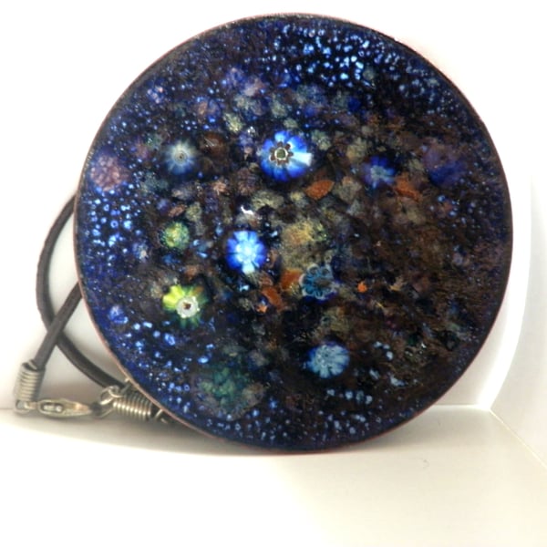 deep blue decorated with millefiore beads and enamel chip - large pendant