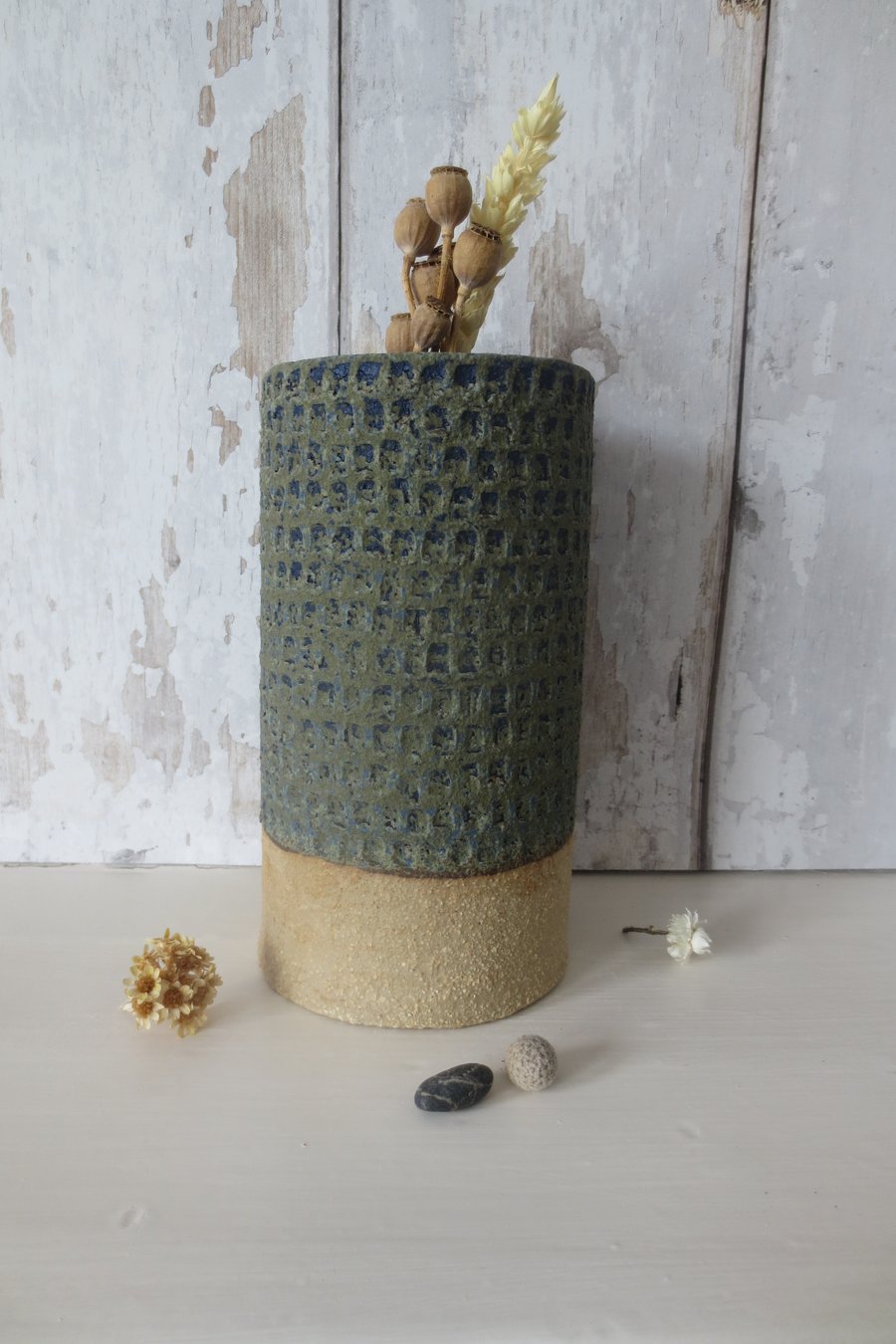 Hand-built stoneware pottery textured vase in deep blue-green