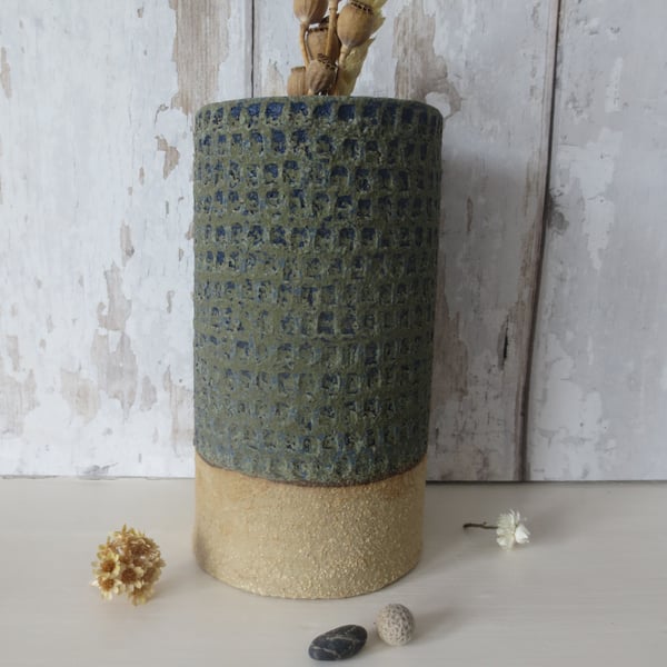 Hand-built stoneware pottery textured vase in deep blue-green
