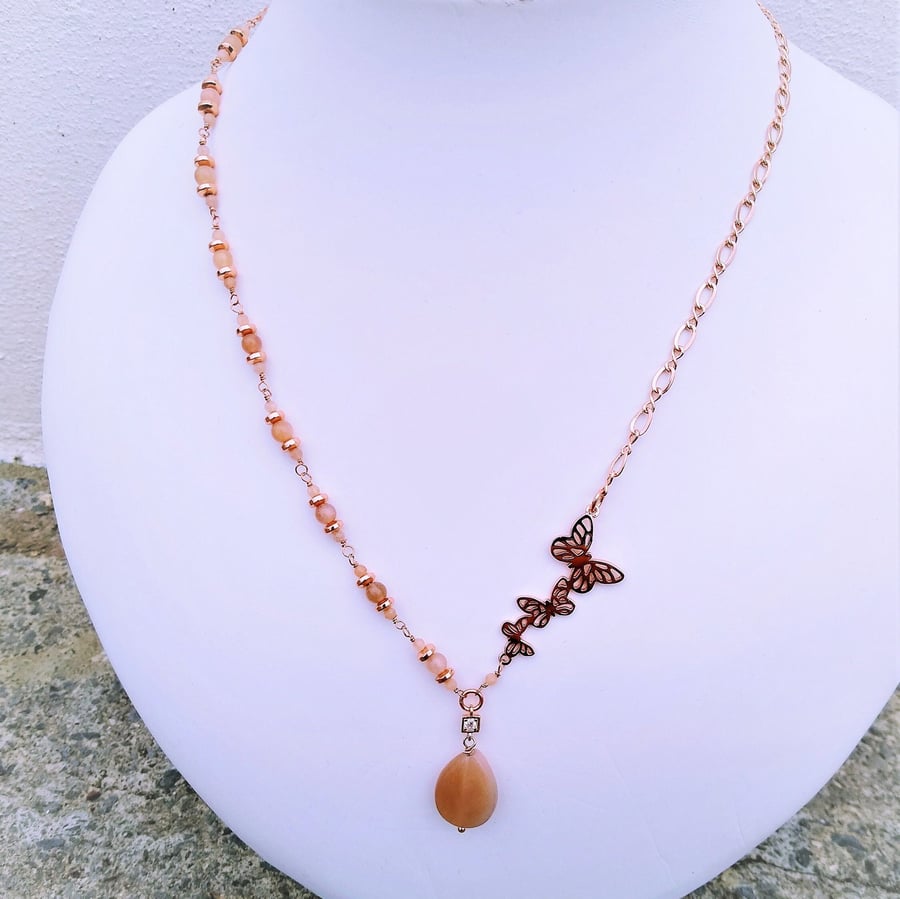Rosegold Butterfly & Peach Sunstone Asymmetric 20 inch 51cm Necklace