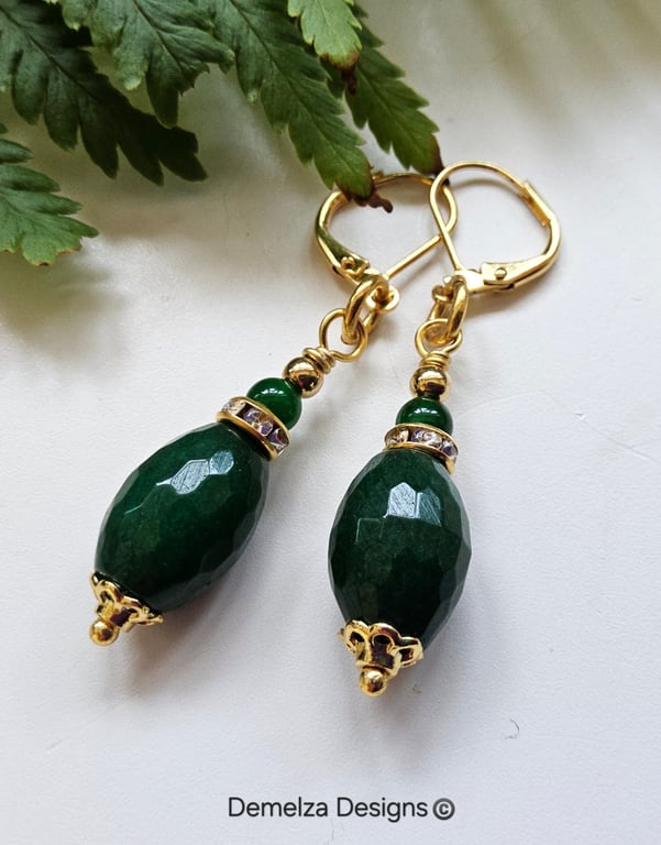Dark Green Agate Gold Plate Earrings