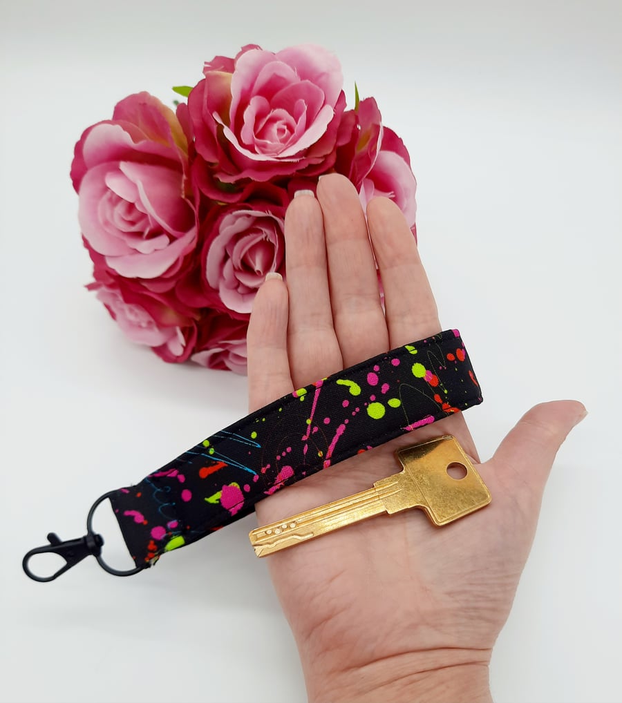 Black neon splash keyfob, keyring wristlet. 