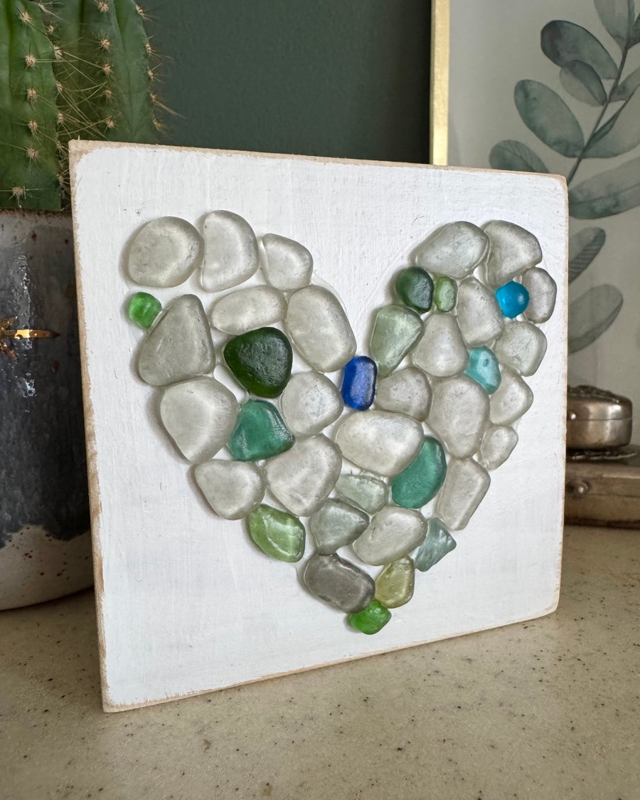 Sea Glass Heart Wooden Plaque Freestanding Decoration Christmas Gifts 