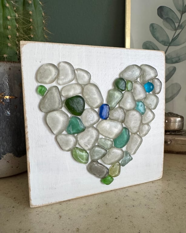 Sea Glass Heart Wooden Plaque Freestanding Decoration Christmas Gifts 