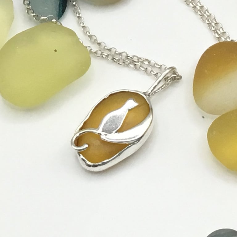 Sterling Silver Cat Necklace with Amber Yellow Sea Glass Pendant, cat pendant