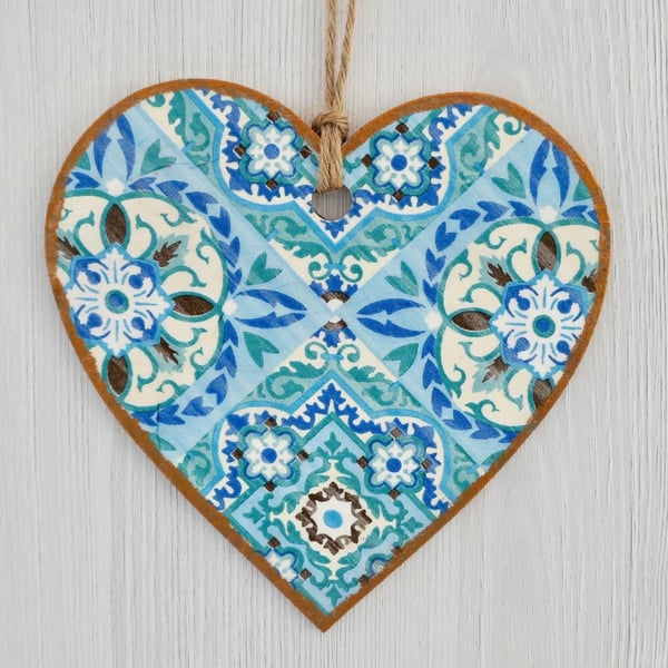 Blue Diamond: Decoupaged Wooden Hanging Heart 15cm (6”)