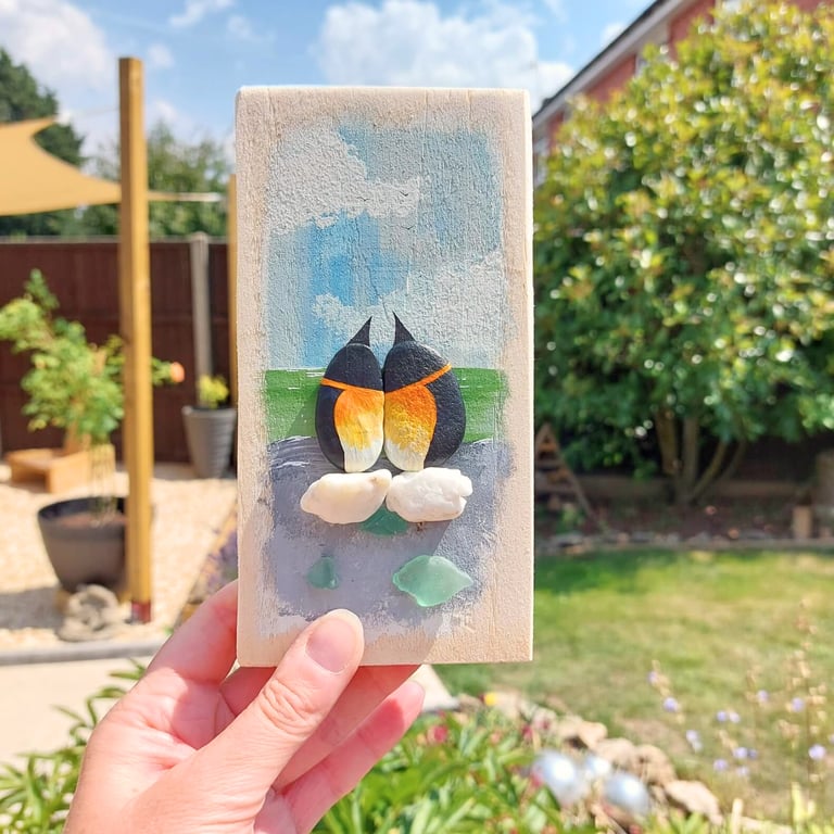 Handmade Penguin Wall Art, Coastal Pebble Picture, One-of-a-Kind Couple Gift