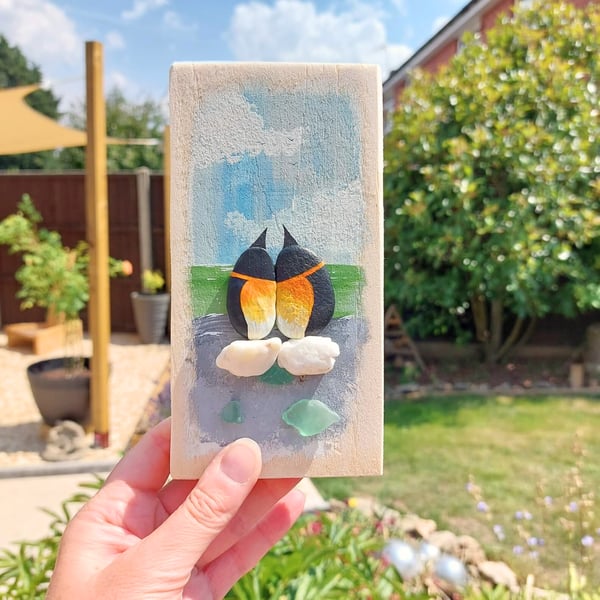 Handmade Penguin Wall Art, Coastal Pebble Picture, One-of-a-Kind Couple Gift