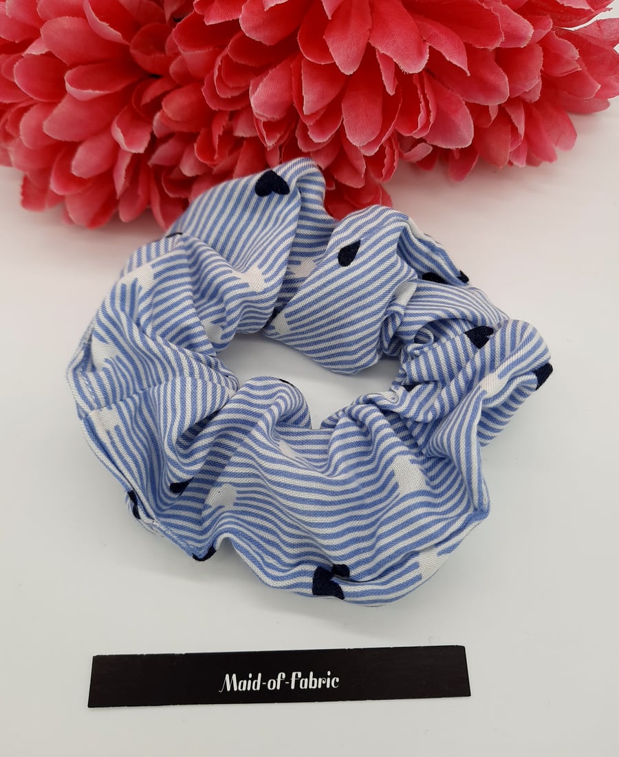 Scrunchie,  blue and white stripe hearts cotton. 3 for 2 offer. 