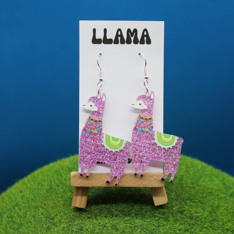 Sparkly Pink Llama Earrings – Fun Handmade Dangle Jewellery, Quirky Gift for Lla