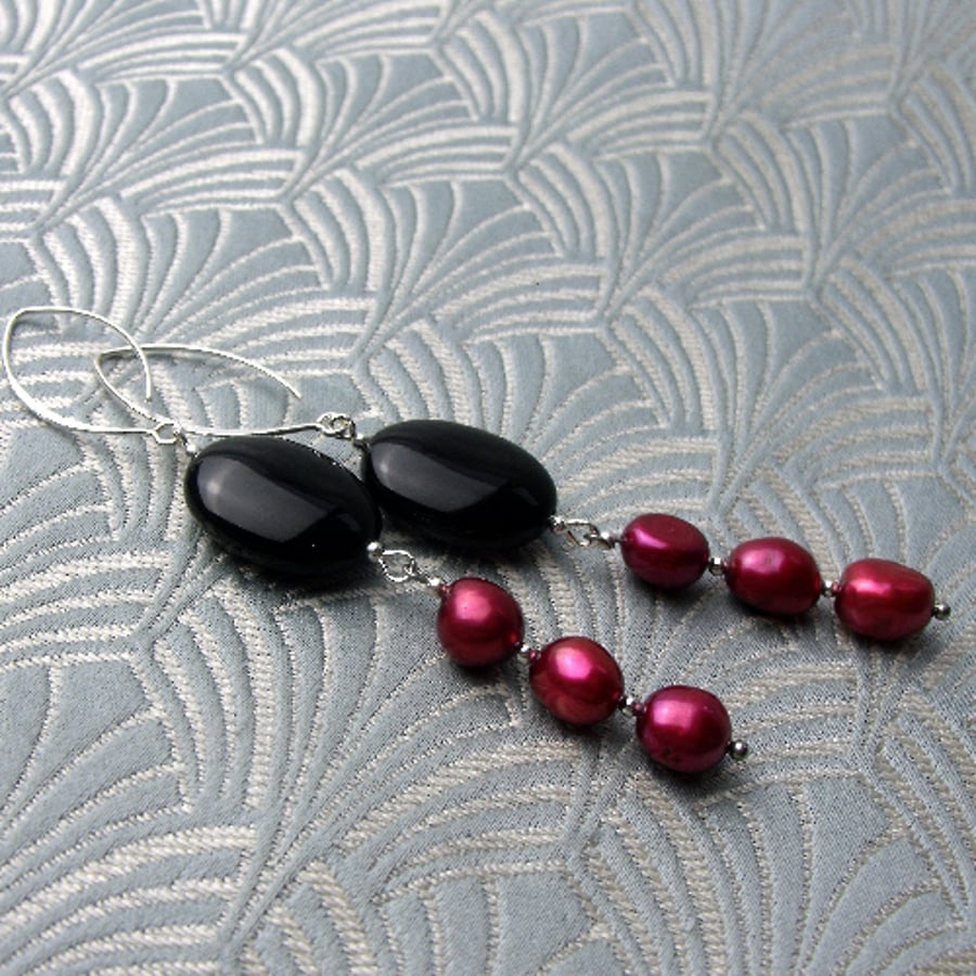 Long Black Dangle Earrings,  Long Black Onyx Earrings With Pearls BB96
