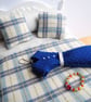 1:12 Scale Cream & Blue Check Dolls House Bedding With Dress, Necklace and Bag - Image 1