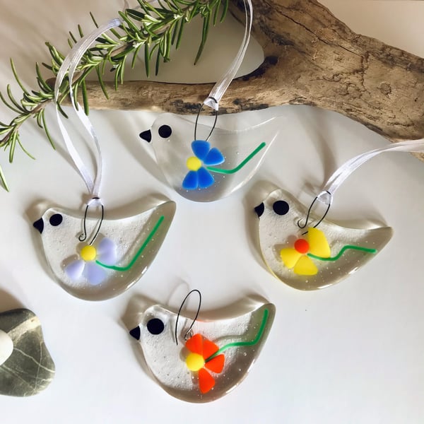 Fused glass bird, Perfect for Mother's Day, flowers