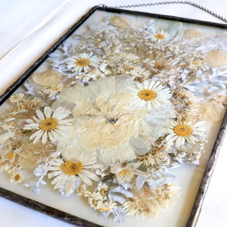 White Botanical Art in Hanging Glass - Pressed Flower Floating Frame