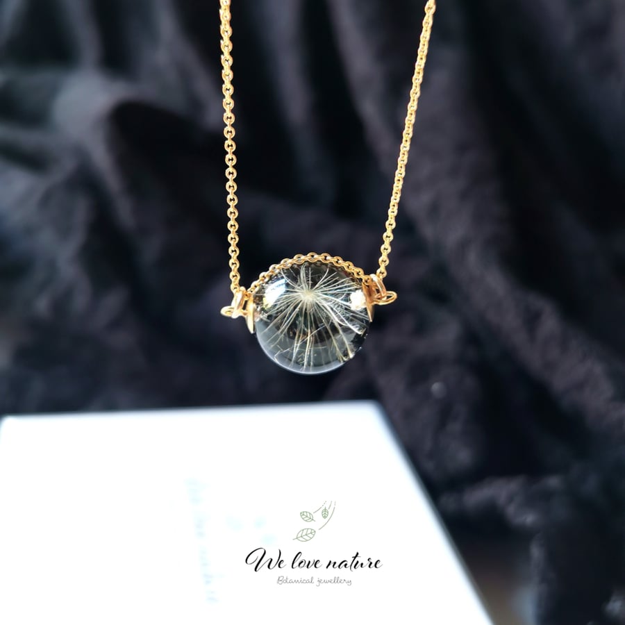 Real Dandelion seeds Black sphere Gold Necklace, Make a wish necklace 