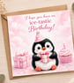 Penguin Birthday Card - Pearl Embellishment, Kraft Envelope - Image 3