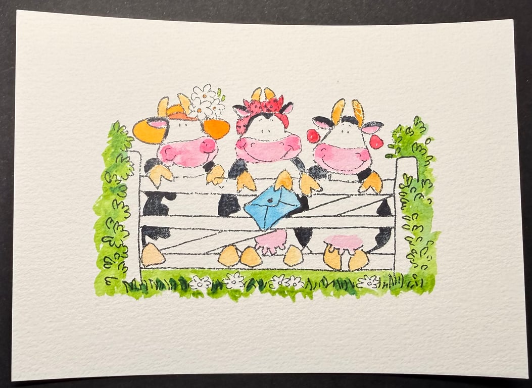 Hand watercoloured card topper from Penny Black stamp - Cows over the fence