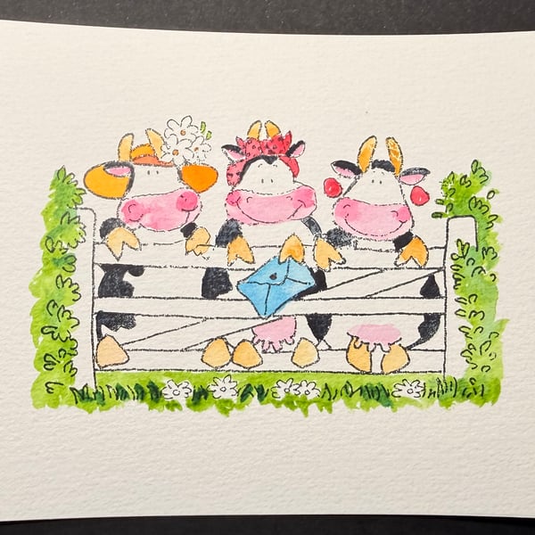 Hand watercoloured card topper from Penny Black stamp - Cows over the fence
