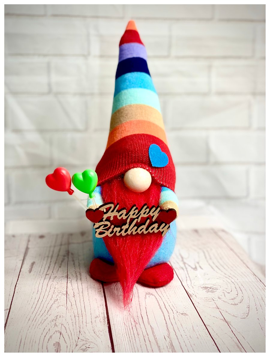 Happy Birthday Gnome with Balloons and Plaque 