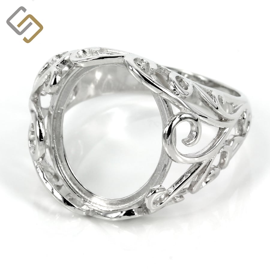 Filigree style ring with prong setting in sterling silver for 12mm x 16mm stone