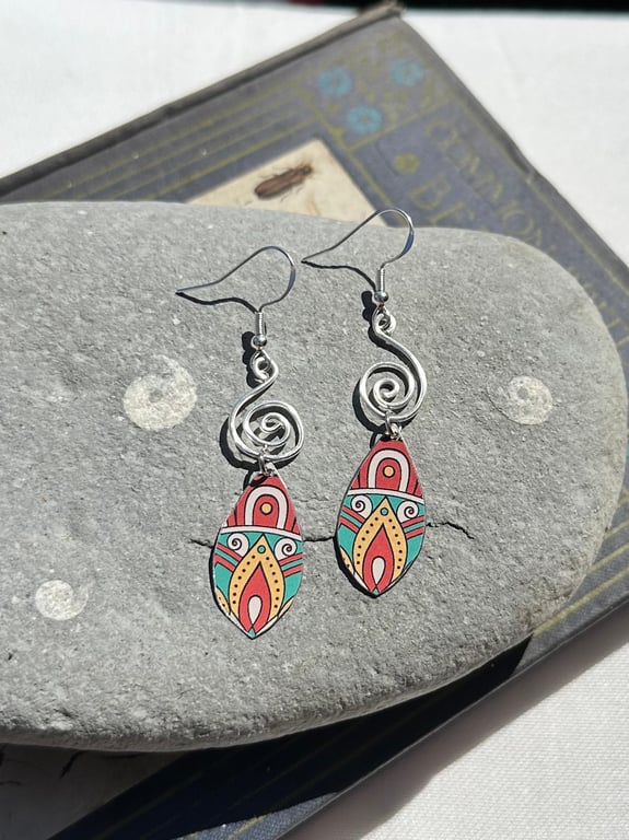 Mandala style recycled tin and silver earrings 